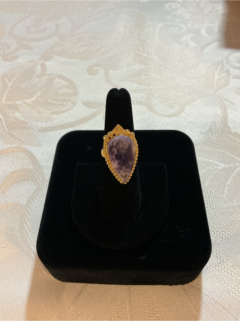 Crown Teardrop Genuine Chevron Amethyst Gold Plated Ring